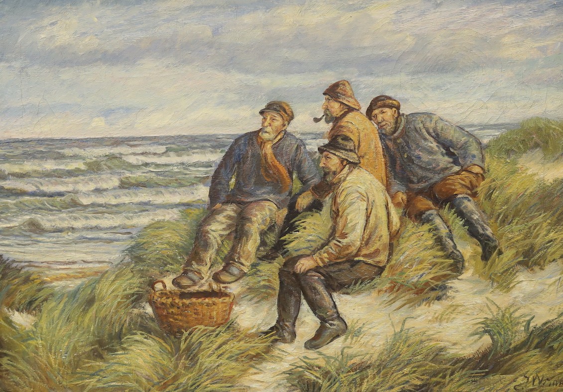 English School, 20th century, oil on canvas, Four fisherfolk sat along the shore, indistinctly signed, 47 x 67cm